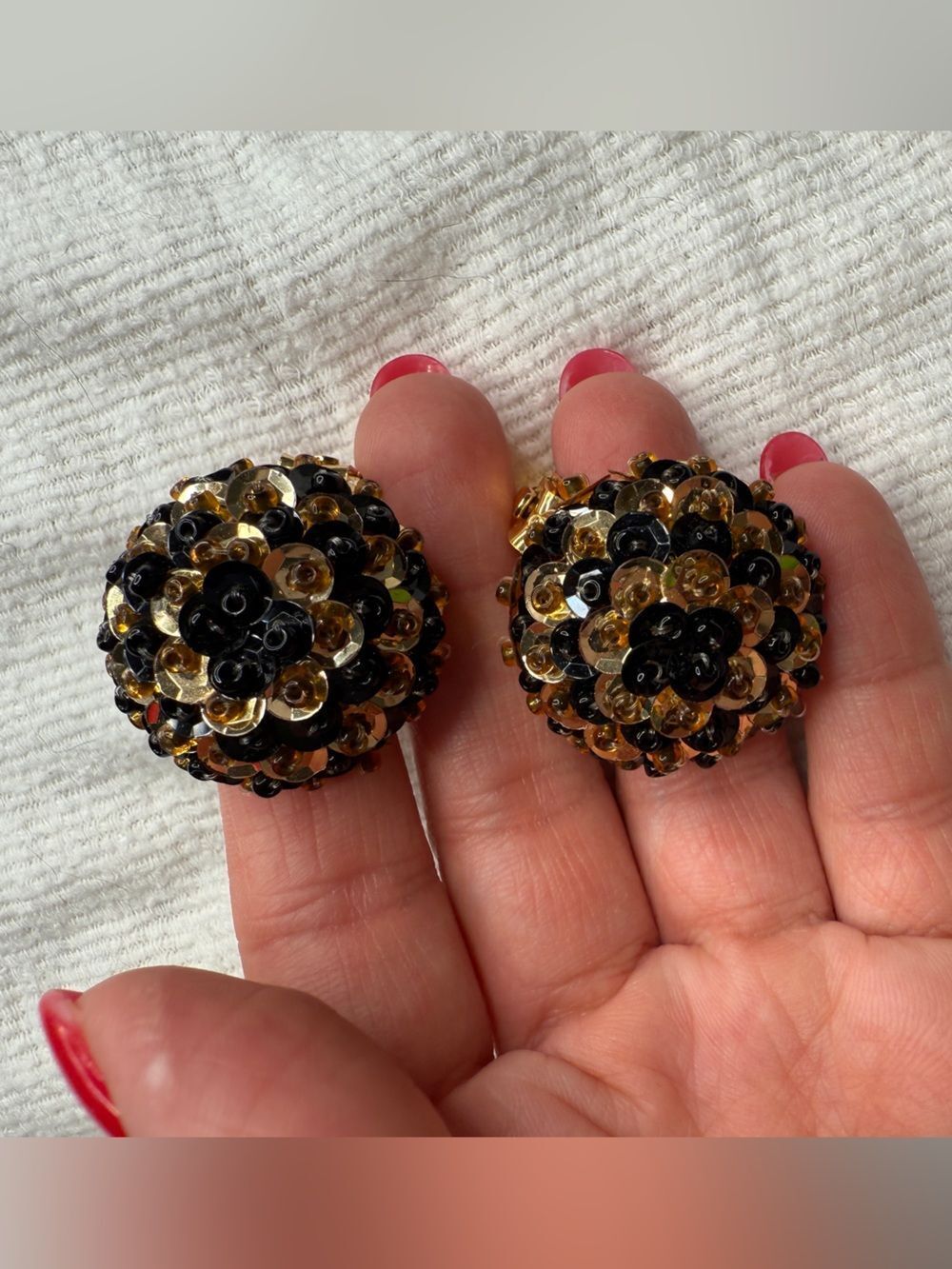 50s/60s Black & Gold Beaded with Sequins Cluster Clip-on Earrings